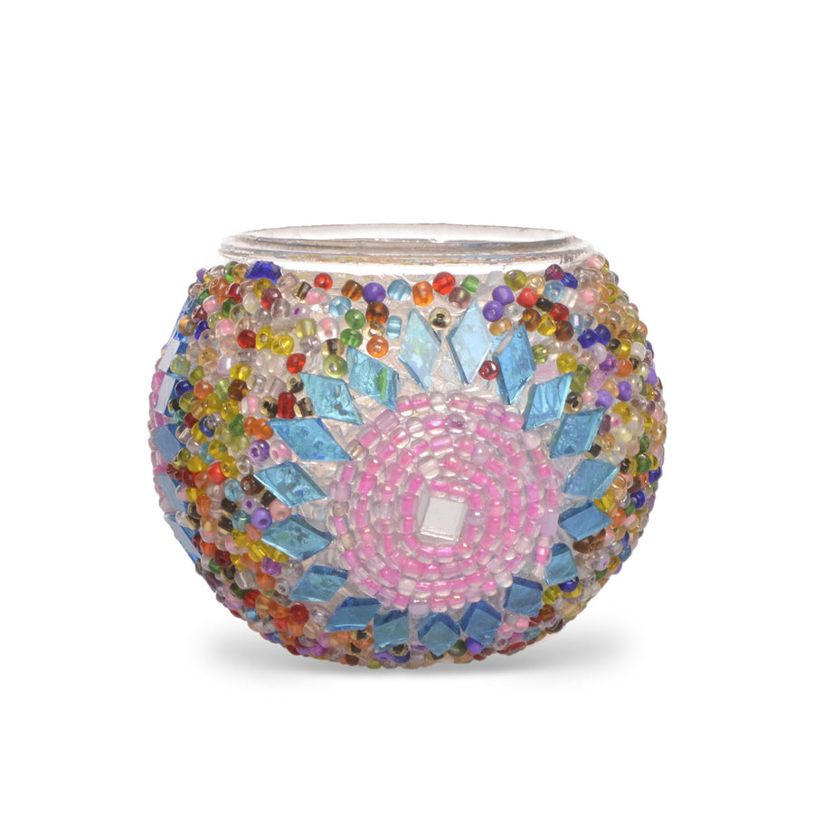 Pink & Blue Beaded Stained Glass Mosaic Candle Holder | 1519