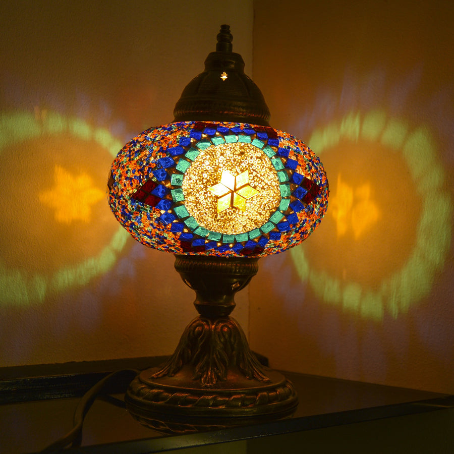 Multicolored Beaded Mosaic Lamp with Blue Stained Glass Sun & Six Point Star | 1006