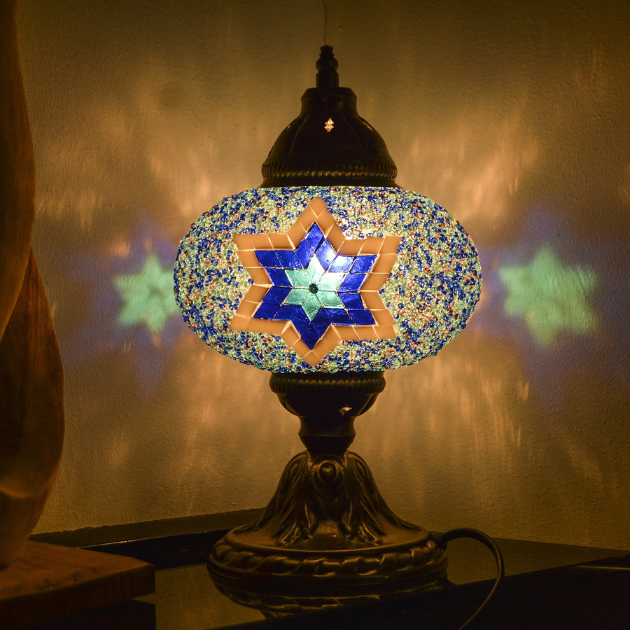 Blue Stained Glass Handmade Turkish Mosaic Lamp with Six-Point Star Pattern