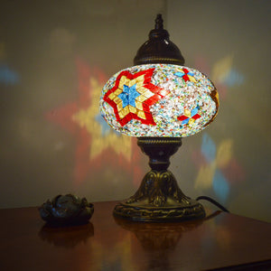 Handmade Turkish Lamp with Red/Orange/Blue Stained Glass Six-Point Star Pattern | 1009