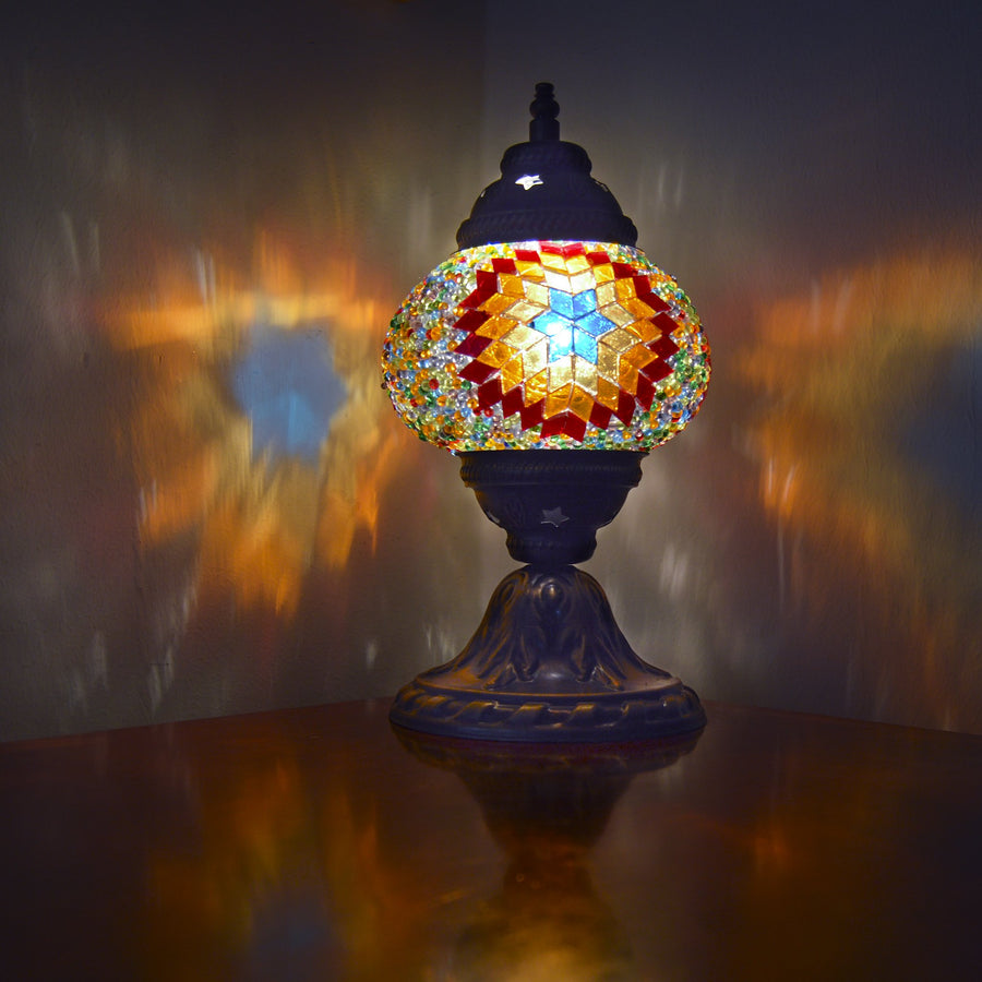 Multicoloured Mosaic Lamp with Turquoise/Orange/Red Stained Glass Six-Point Star Pattern | 1005