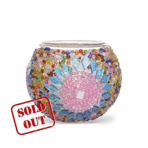 Pink & Blue Beaded Stained Glass Mosaic Candle Holder | 1519